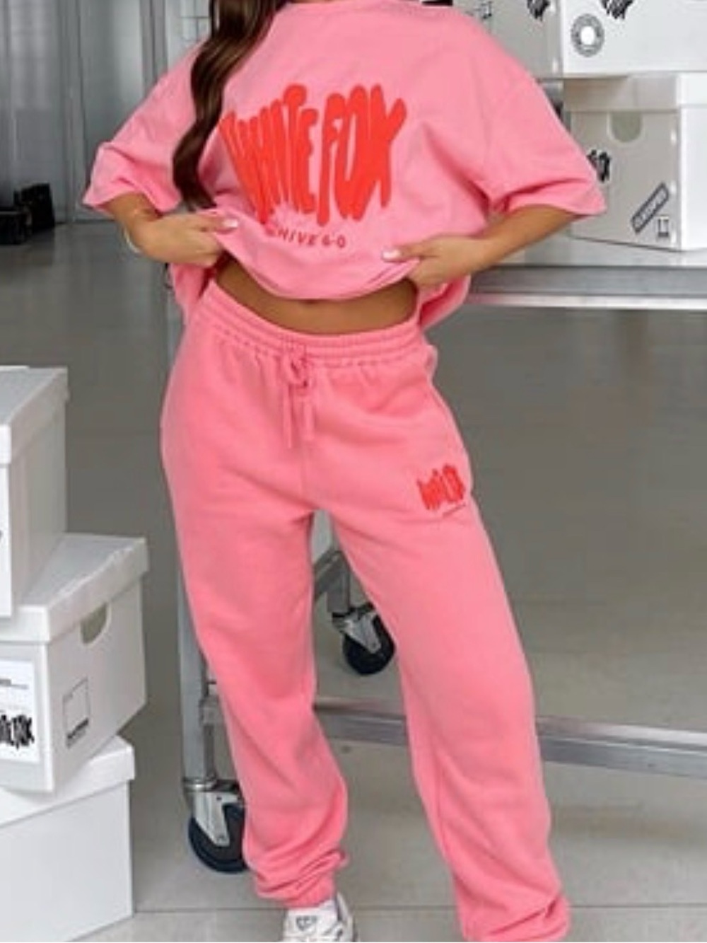 White Fox Boutique Pink Sweatshirt & Joggers Set with Red Logo